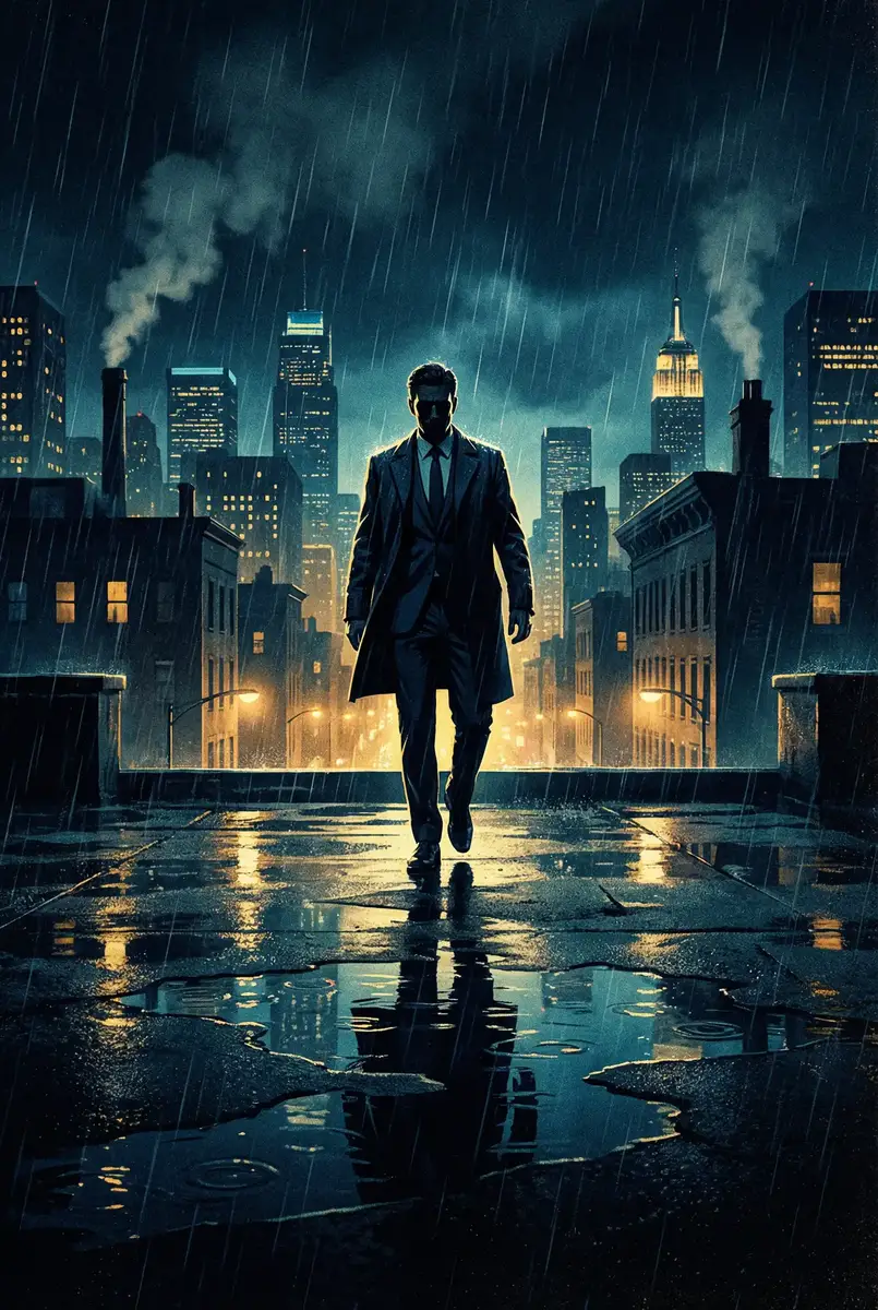 香蕉鱼视频在线观看 出品影片《雨夜独行者》海报，雨中城市屋顶男性剪影